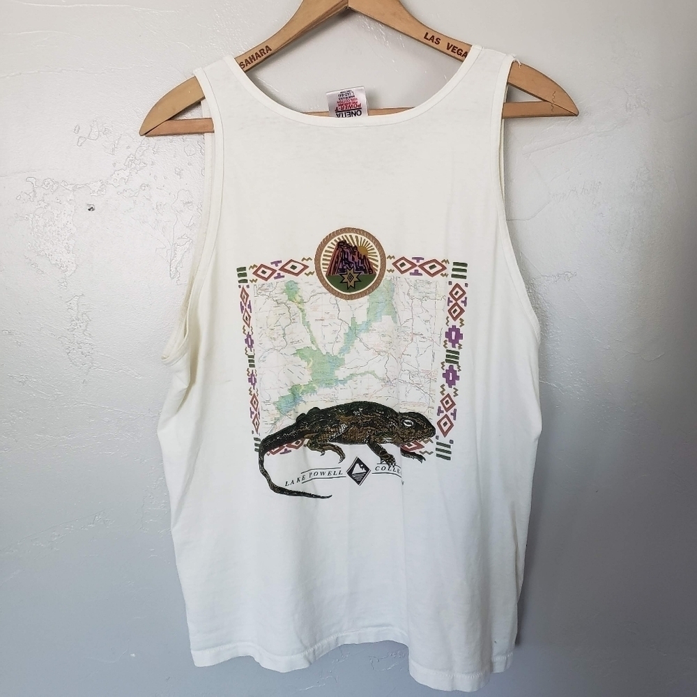 Oneita Power-T Vintage Lake Powell Men's Large White Tank Top Single Stitch Tee
